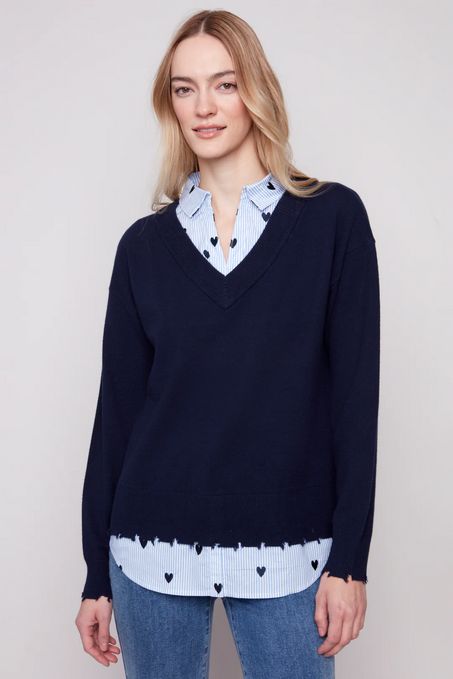 Charlie B C2568 Women's Plushy Knit Fooler Sweater w/ Shirt Collar