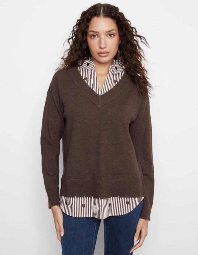Charlie B C2568 Women's Plushy Knit Fooler Sweater w/ Shirt Collar