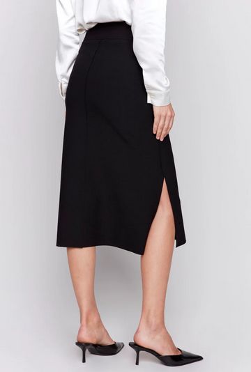 Charlie B C7076R-049C Women's Midi Crepe Skirt w/ Side Slits & Front Pockets – Black
