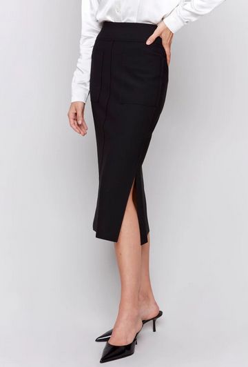 Charlie B C7076R-049C Women's Midi Crepe Skirt w/ Side Slits & Front Pockets – Black