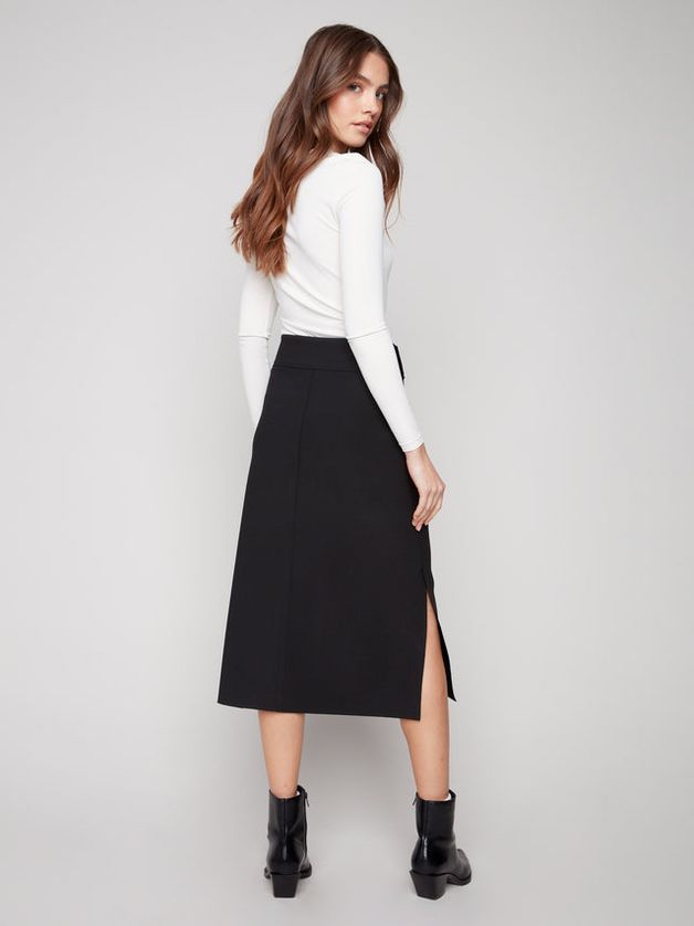 Charlie B C7076R-049C Women's Midi Crepe Skirt w/ Side Slits & Front Pockets – Black