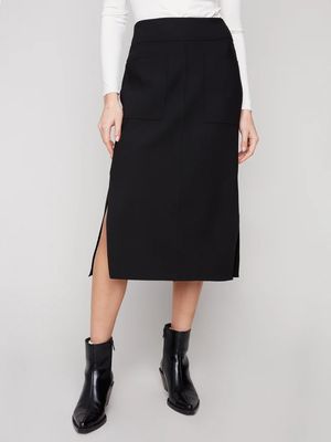 Charlie B C7076R-049C Women's Midi Crepe Skirt w/ Side Slits & Front Pockets/BLACK