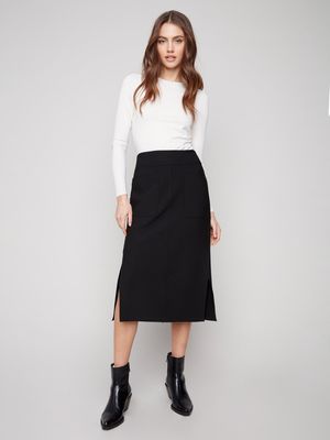 Charlie B C7076R-049C Women's Midi Crepe Skirt w/ Side Slits & Front Pockets/BLACK
