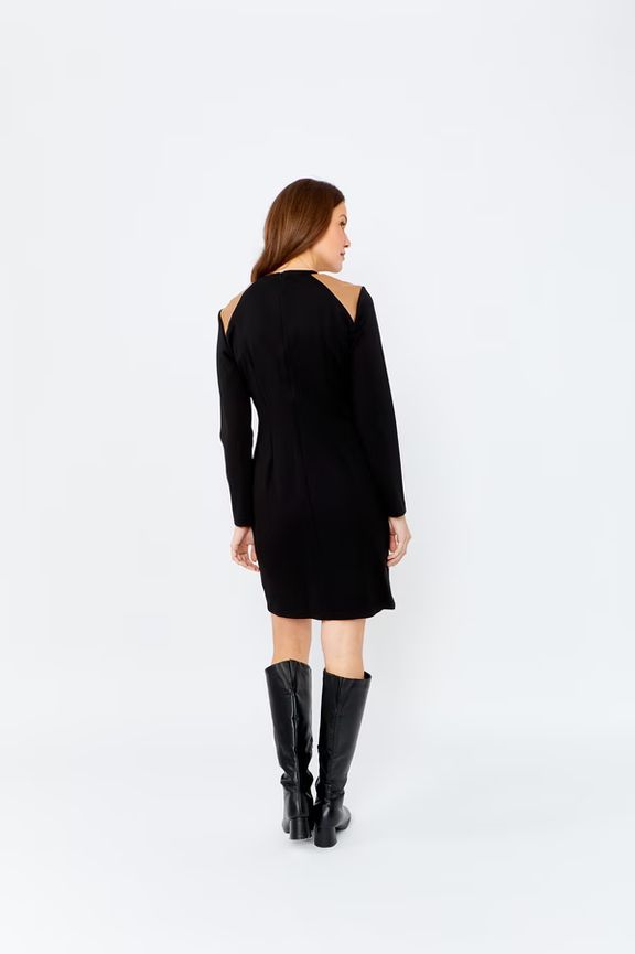 Frank Lyman 243176 Women's Long Sleeve Vegan Leather Detail Dress – Black- Camel