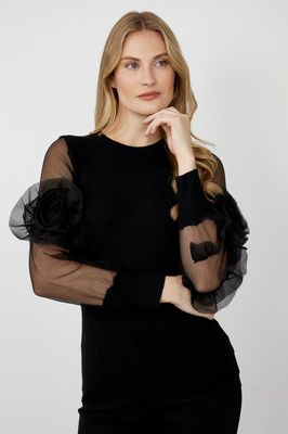 Frank Lyman 243405U Women's Long Sleeve Floral Chiffon Sleeve Top – Black