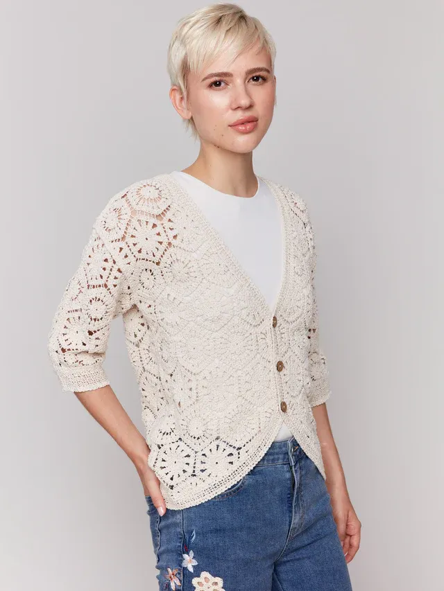 Charlie B C2801-236C Crochet Button Up Cardigan – Natural
