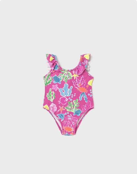 Mayoral 1742 Girl’s Youth Coral & Sea Animal Print Swimsuit – Fuscia