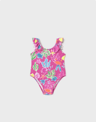 Mayoral 1742 Girl’s Youth Coral & Sea Animal Print Swimsuit/ FUSCIA