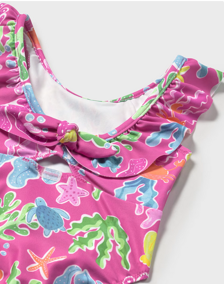 Mayoral 1742 Girl’s Youth Coral & Sea Animal Print Swimsuit – Fuscia