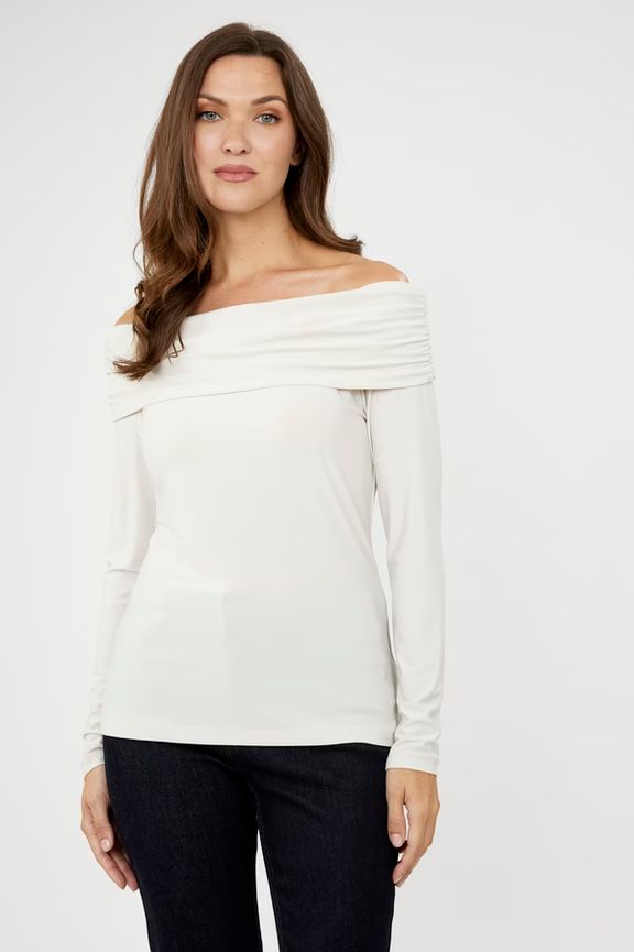 Frank Lyman 244023 Layered Off-Shoulder Long Sleeve Top – Pearl