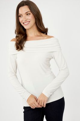 Frank Lyman 244023 Layered Off-Shoulder Long Sleeve Top – Pearl
