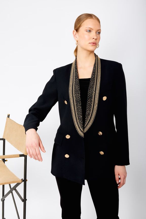 Frank Lyman 243476U Women’s Gold Stone & Buttons Blazer – Black
