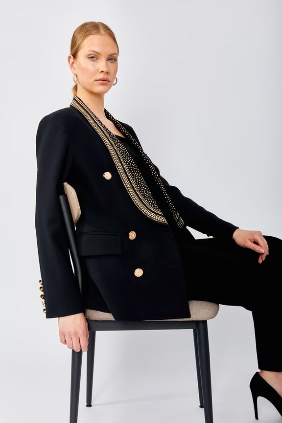 Frank Lyman 243476U Women’s Gold Stone & Buttons Blazer – Black