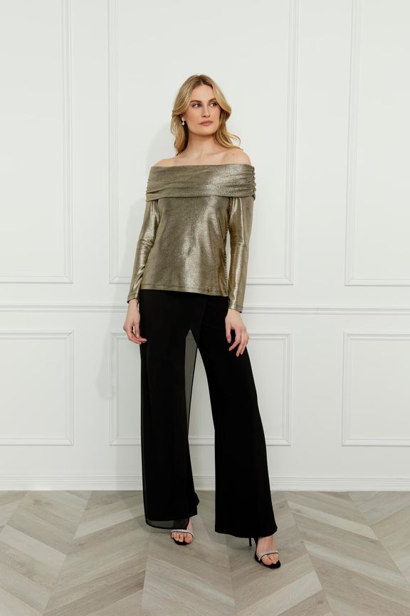 Frank Lyman 259242 Women's Long Sleeve Off-Shoulder Top – Gold&black