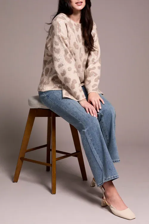 Tribal 2387O-8344-0874 Women's Long Sleeve Crew Neck Sweater w/ Sequins