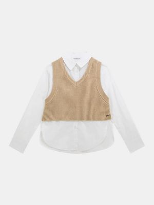 Guess J5BH01WBHQ0 Girl's LS Poplin Shirt & Sweater Vest Set/