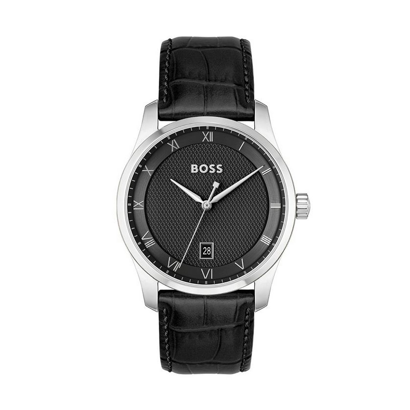 BOSS 1570190 Men's Leather Strap Watch & Card Holder Set 2PC/ BLACK (BOX)