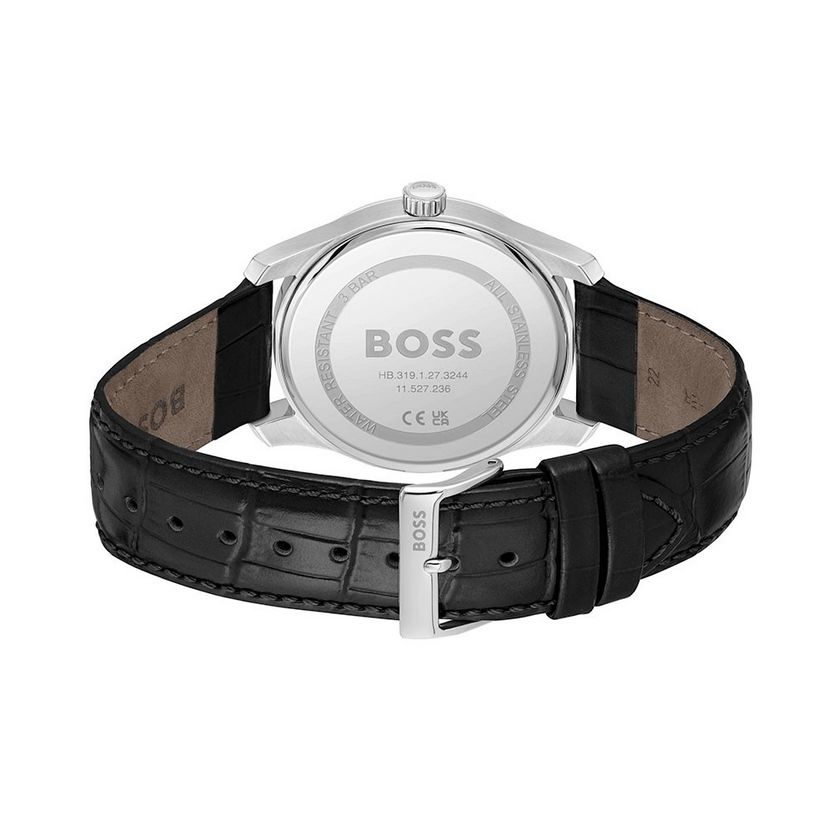 BOSS 1570190 Men's Leather Strap Watch & Card Holder Set 2PC/ BLACK (BOX)