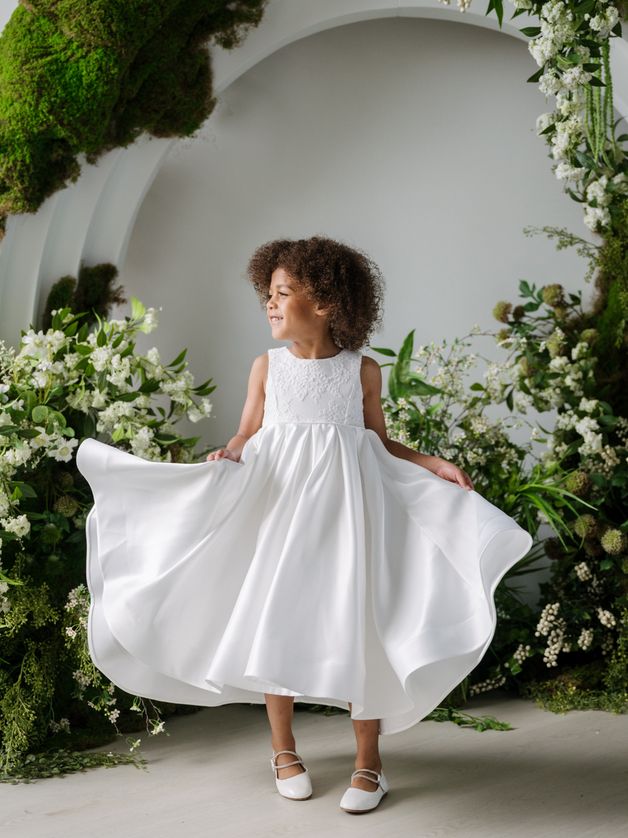 Teter Warm MK12 Tara Floral Lace Top & Flared Satin Skirt Dress – White