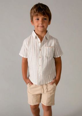 Mayoral 3217 Boy's Junior SS Linen Stripe Shirt & Bermuda Short Set 2PC/MOCCA