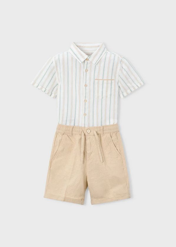 Mayoral 3217 Boy's Junior Short Sleeve Linen Stripe Shirt & Bermuda Short Set 2PC – Mocca