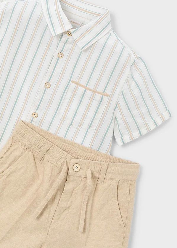 Mayoral 3217 Boy's Youth Short Sleeve Linen Stripe Shirt & Bermuda Short Set 2PC – Mocca