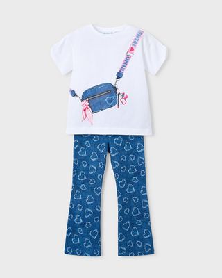 Mayoral 3730 Girl’s Youth Short Sleeve “Cross Body Handbag” Design T-Shirt & Heart Print Leggings Set 2PC – Corazon