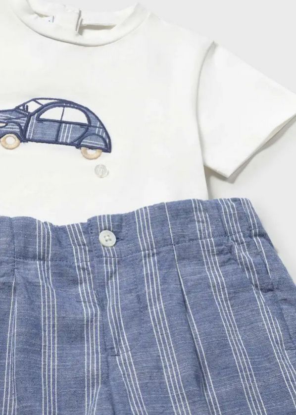 Mayoral 1227 Boy's Junior Short Sleeve Embroidered Car T-Shirt & Stripe Bermuda Short Set 2PC – Capri