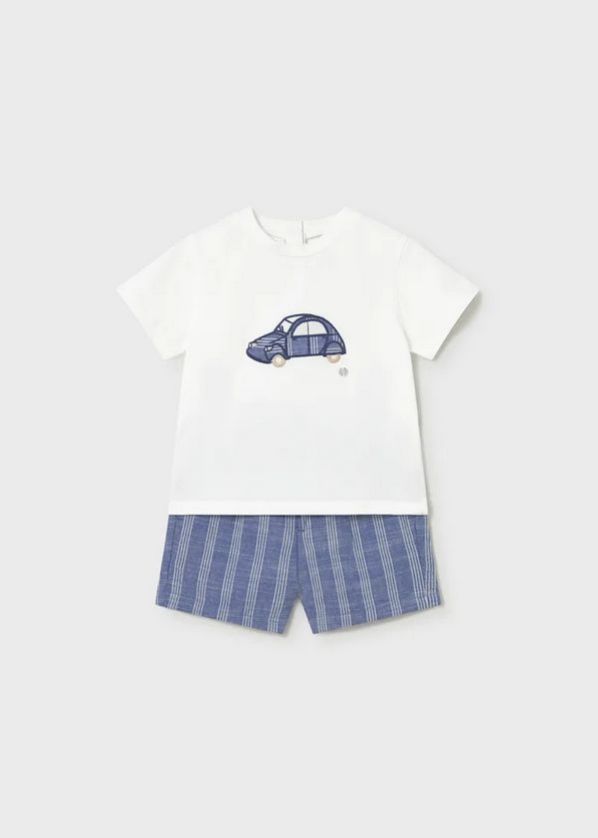 Mayoral 1227 Boy's Junior Short Sleeve Embroidered Car T-Shirt & Stripe Bermuda Short Set 2PC – Capri