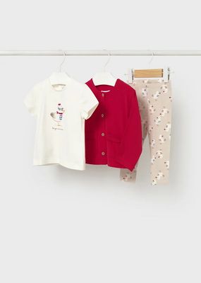 Mayoral 1749 Baby Girl's Seagull Print SS T-shirt, Red Cardigan & Pants Set 3PC/ROJO