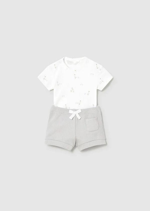 Mayoral 1630 Baby's Ribbed Goose Print Onesie & Short Set 2PC