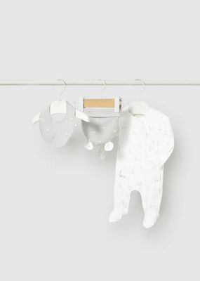 Mayoral 1728 Unisex Baby's LS Goose Print Onesie, Hat & Bib Set 3PC/BLANCO