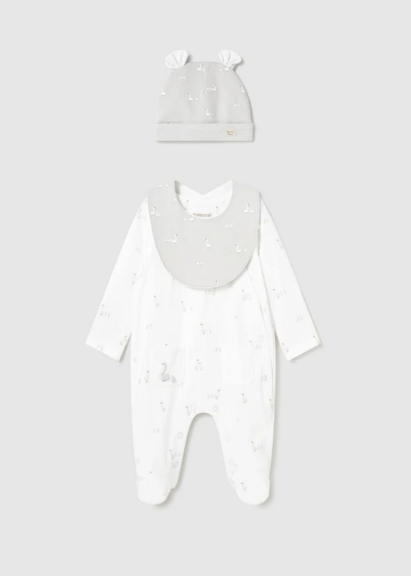 Mayoral 1728 Unisex Baby's Long Sleeve Goose Print Onesie, Hat & Bib Set 3PC – Blanco
