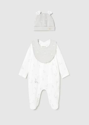 Mayoral 1728 Unisex Baby's LS Goose Print Onesie, Hat & Bib Set 3PC/BLANCO