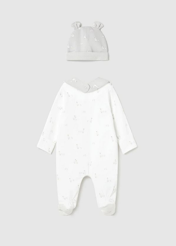 Mayoral 1728 Unisex Baby's Long Sleeve Goose Print Onesie, Hat & Bib Set 3PC – Blanco