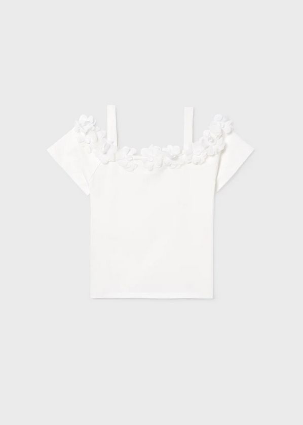 Mayoral 6003 Girl's Youth Short Sleeve & Strap 3D Chiffon Flower Neckline Top