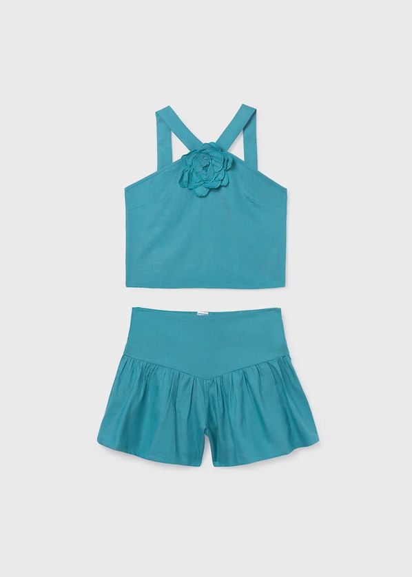 Mayoral 6208 Girl's Youth Strap 3D Flower Top & Shorts Set 2PC – Jade