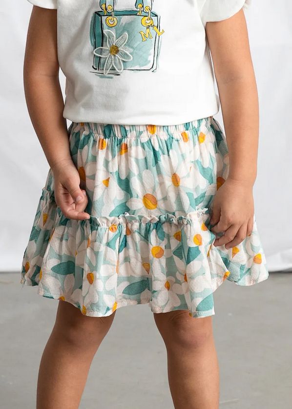 Mayoral 3002/ 3903 Girls Jr Printed Top & Floral Skirt /2PC – White - Lago