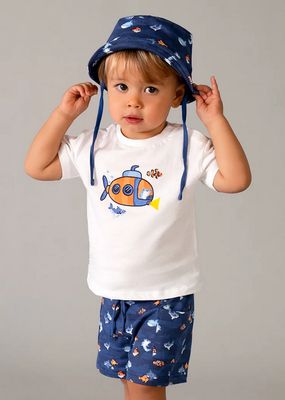 Mayoral 1667 Baby Boy Fish Print Top Short & Hat Set /3PC/ WHITE - ROYAL BLUE