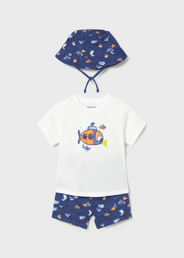 Mayoral 1667 Baby Boy Fish Print Top Short & Hat Set /3PC – White - Royal Blue