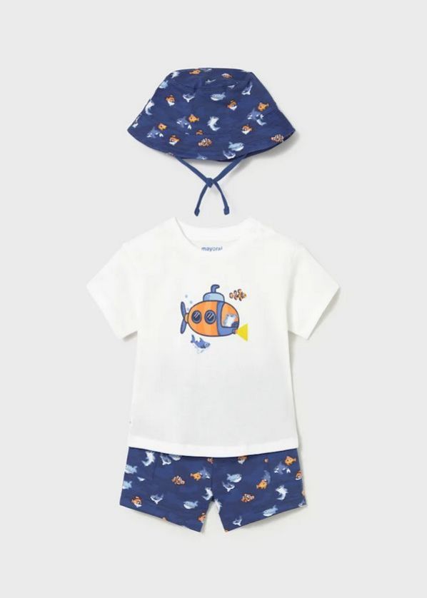 Mayoral 1667 Boy Jr Fish Print Top Short & Hat Set /3PC – White - Royal Blue