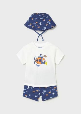 Mayoral 1667 Boy Jr Fish Print Top Short & Hat Set /3PC/ WHITE - ROYAL BLUE