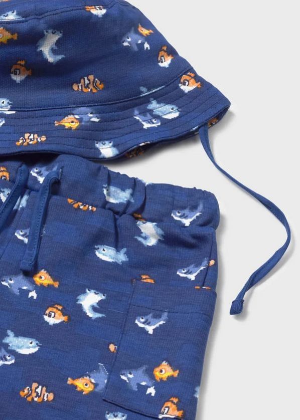 Mayoral 1667 Boy Jr Fish Print Top Short & Hat Set /3PC – White - Royal Blue