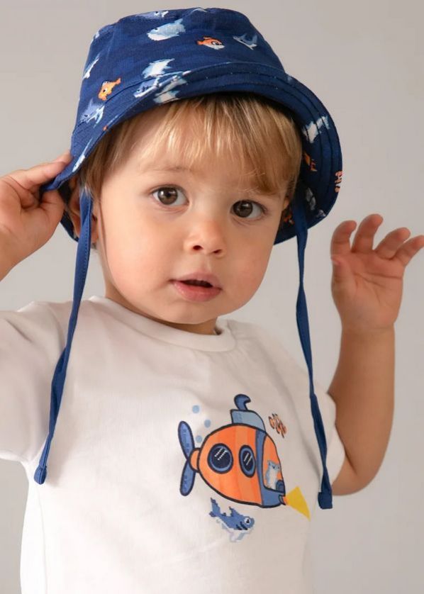 Mayoral 1667 Boy Jr Fish Print Top Short & Hat Set /3PC – White - Royal Blue