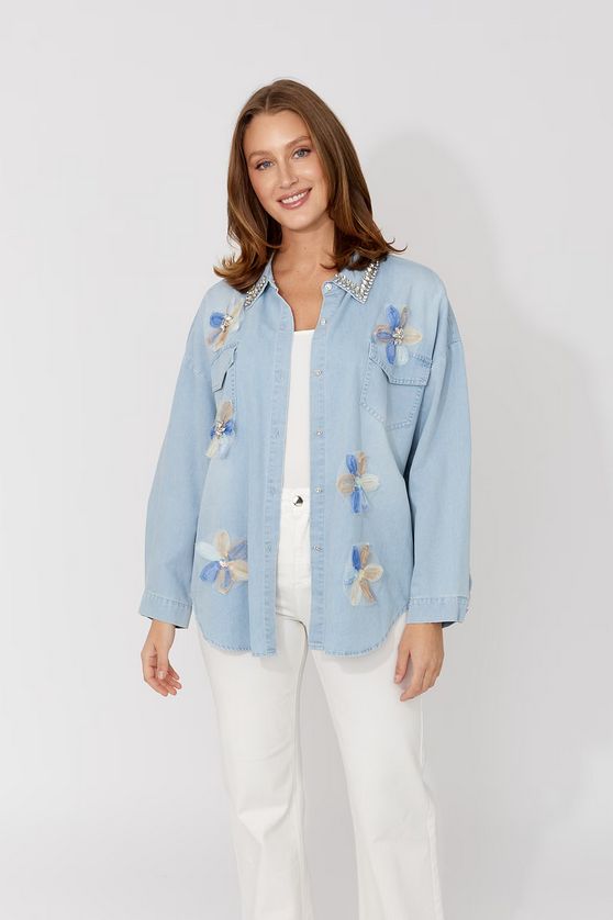 Frank Lyman 266582 Women's Floral & Crystal Woven Blouse