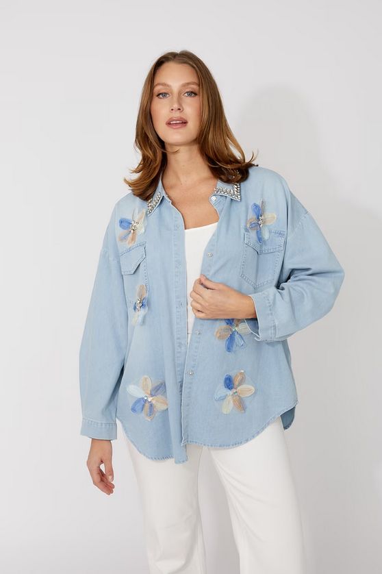 Frank Lyman 266582 Women's Floral & Crystal Woven Blouse