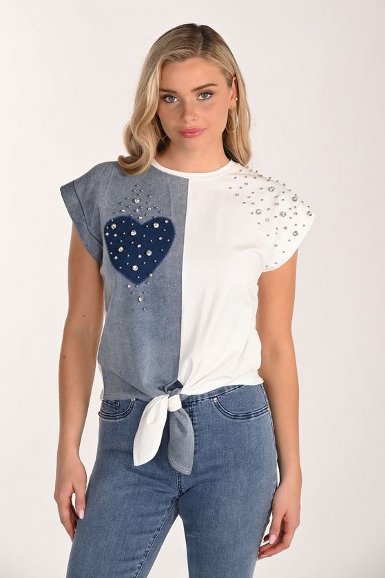 Frank Lyman 266550 Women's Short Sleeve Heart & Rhinestone Front Tie Top