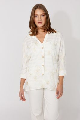 Frank Lyman 266315 Women's Floral Button Closure Blouse/OFF-WHITE&GOLD