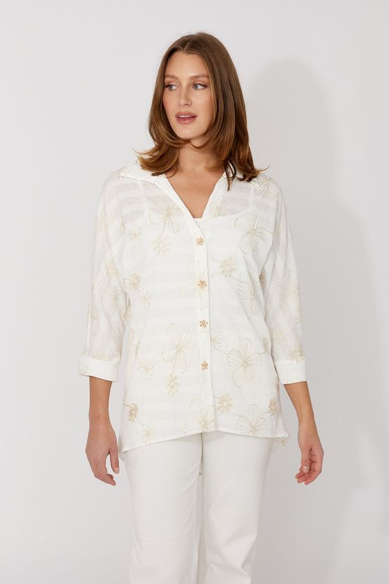 Frank Lyman 266315 Women's Floral Button Closure Blouse – Off-White&gold