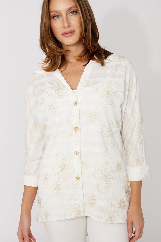 Frank Lyman 266315 Women's Floral Button Closure Blouse – Off-White&gold